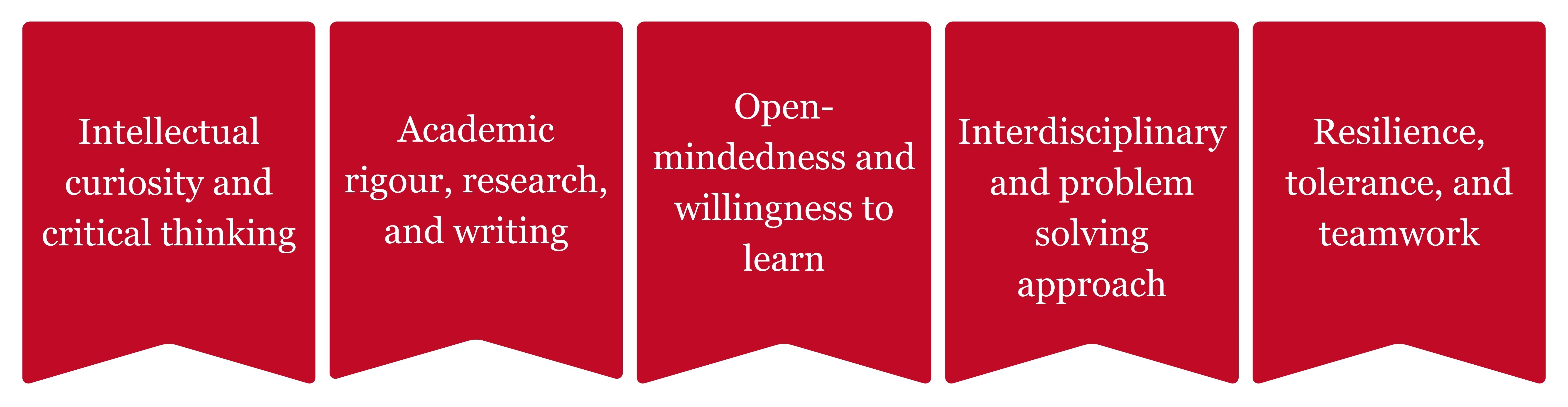 The image consists of five ribbons, each capturing the values Intellectual curiosity and critical thinking, Academic rigour, research, and writing. Open-mindedness and willingness to learn, Interdisciplinary and problem-solving approach, Resilience, tolerance, and teamwork