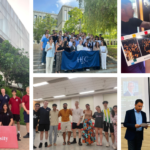 Students in group photos, holding banners, sharing moments, and attending presentations at events.