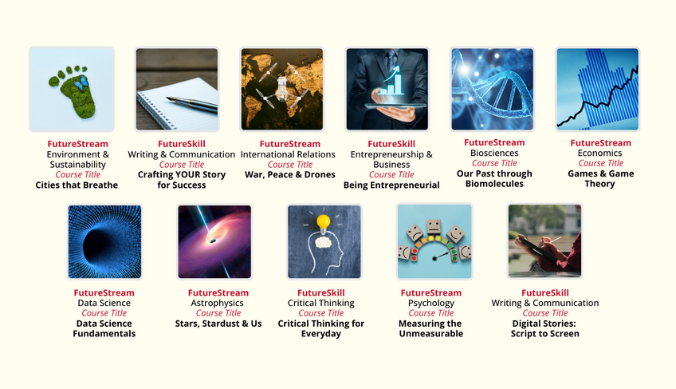 Grid of course titles under "FutureStream", covering topics like sustainability, science, and communication.