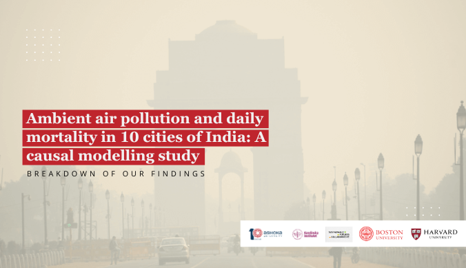 Text about air pollution and mortality study in India over a hazy cityscape with institution logos.