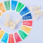 Colorful SDG wheel with goals and two yellow paper butterflies on a light blue background.