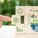 Wooden blocks with eco-friendly icons, including recycling, wind turbine, and Earth graphics.