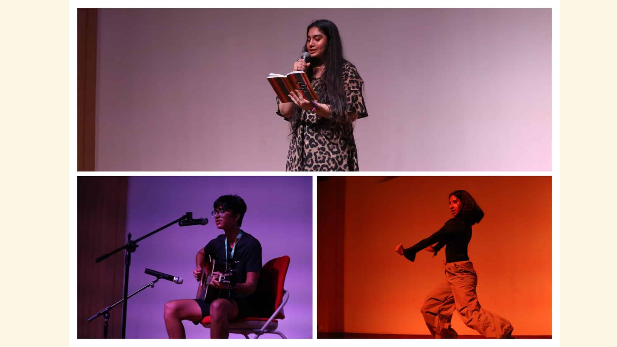 Woman reading on stage, person playing guitar under purple light, and dancer performing under red light.