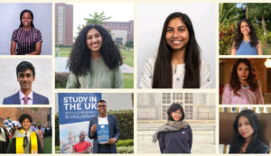 A collage of diverse individuals posing confidently in various settings, some with academic themes.