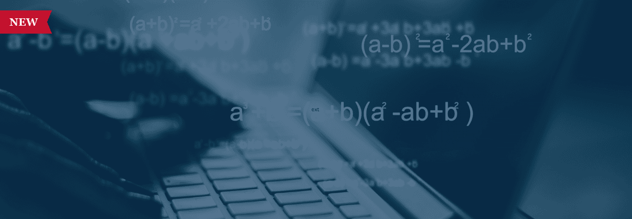 Hands typing on a laptop keyboard with mathematical equations overlayed on a blue background.