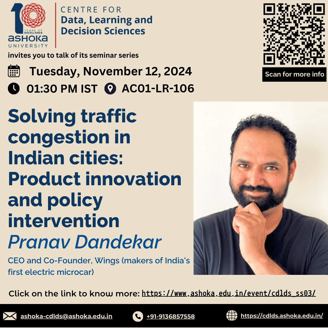 Event poster for a seminar on solving traffic congestion in Indian cities by Pranav Dandekar, Nov 12, 2024.