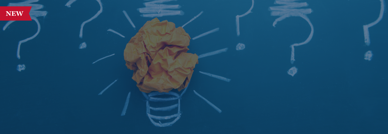 Crumpled orange paper as a lightbulb on a chalkboard with question marks and "NEW" label in the corner.