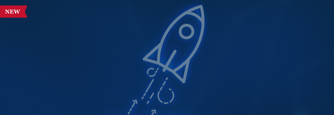 Blue rocket icon with dashed lines indicating motion, red "NEW" label in the top-left corner.