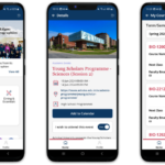 Three smartphone screens display a university app with event details, courses, and quick links.