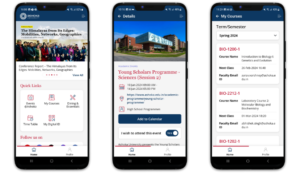 Three smartphone screens display a university app with event details, courses, and quick links.