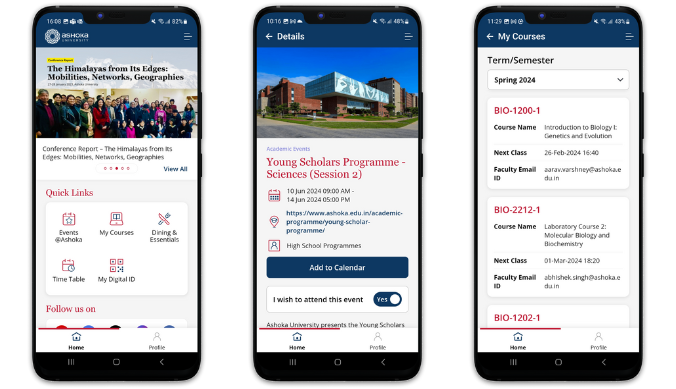 Three smartphone screens display a university app with event details, courses, and quick links.