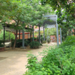 Shaded walkway with metal pillars, green trees, bushes, and brick buildings in the background.