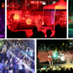 Collage of a live outdoor concert with performers, vibrant lighting, and an engaged audience.