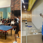 People playing table tennis on the left; a person aiming at a shooting target on the right.
