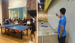 People playing table tennis on the left; a person aiming at a shooting target on the right.