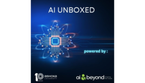 AI Unboxed logo with a glowing circuit design, Ashoka University and AI & Beyond branding.