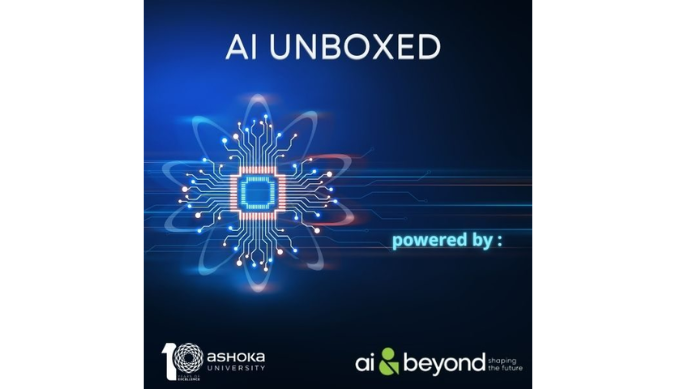 AI Unboxed logo with a glowing circuit design, Ashoka University and AI & Beyond branding.