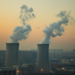 Two cooling towers emitting smoke, surrounded by buildings