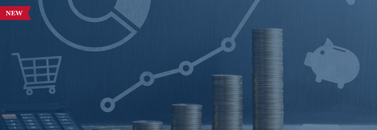 Stacks of coins increasing in height, calculator, shopping cart, piggy bank, and graph icons on blue.