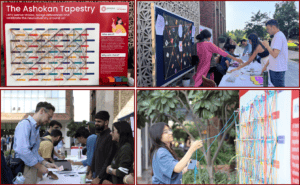 A collage with 4 pictures - top left is a zoomed out view of the full tapestry after the event; top right is a glimpse at the SOBAC stall; bottom left is a faculty member interacting with OLS and Jazbaa representatives at the event; bottom right is a student tying a thread on the tapestry