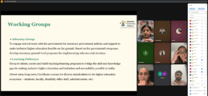 A Google meet screenshot of an IUA meeting - the presentation shared highlights the role of Working Groups