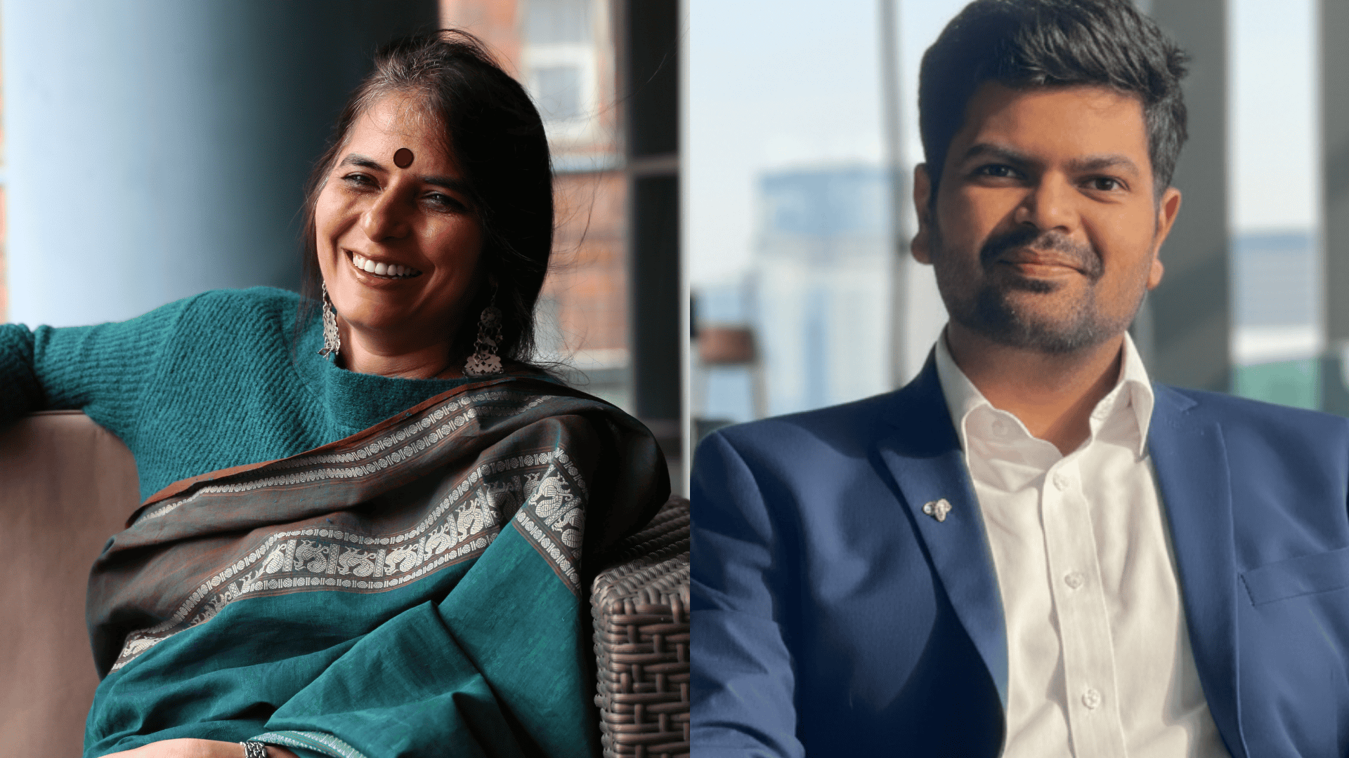 Smiling woman in a green sari and man in a blue suit seated indoors with blurred backgrounds.