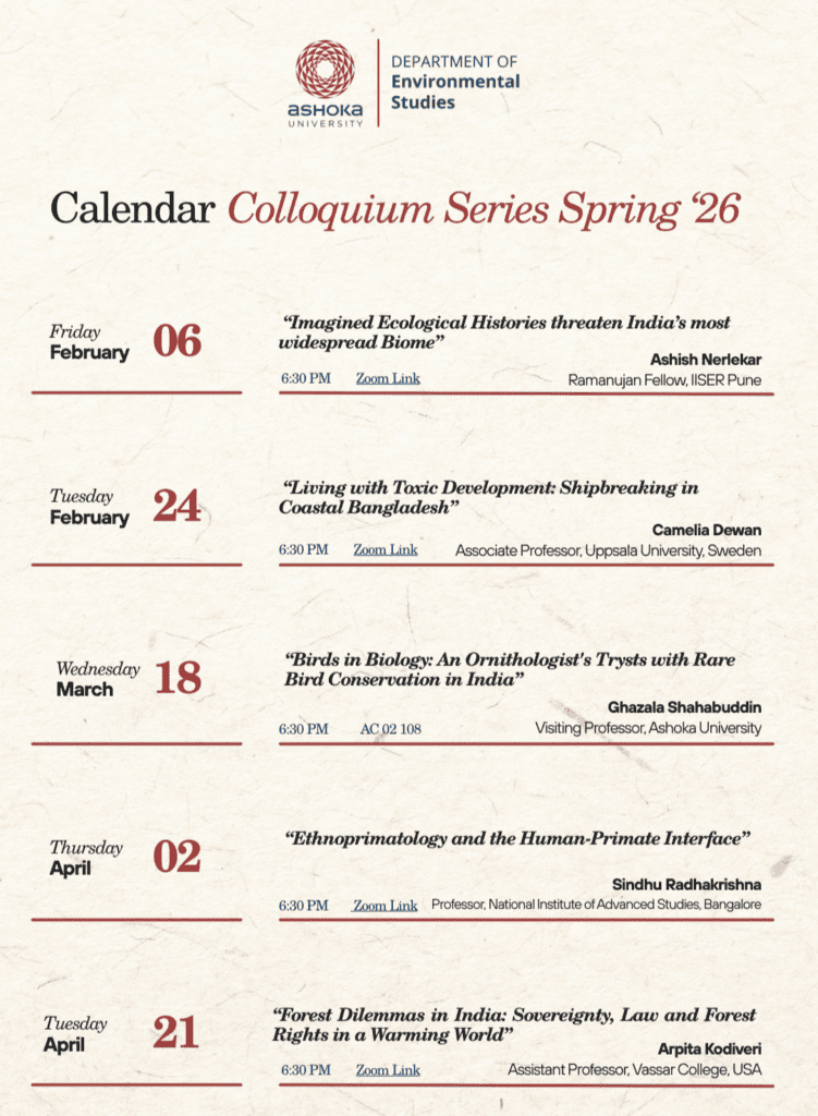Ashoka University Colloquium Series Spring '26 schedule with dates, topics, speakers, and timings.