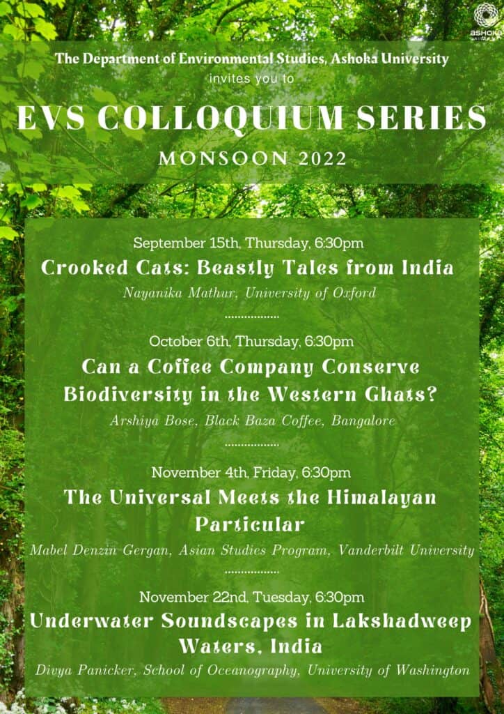 Green poster for EVS Colloquium Series Monsoon 2022 with event titles, dates, and speaker details.