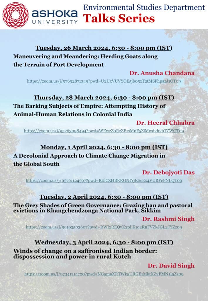 Ashoka University Environmental Studies Talks Series schedule, March-April 2024 with topics and speakers.
