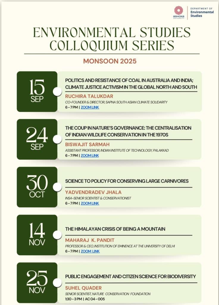 Environmental Studies Colloquium Series, Monsoon 2025, five sessions from September to November.