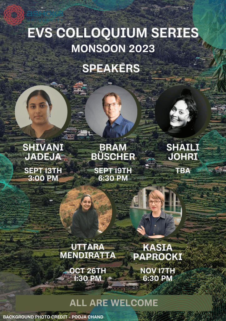 EVS Colloquium Series Monsoon 2023, speaker details with dates and times over a village landscape.