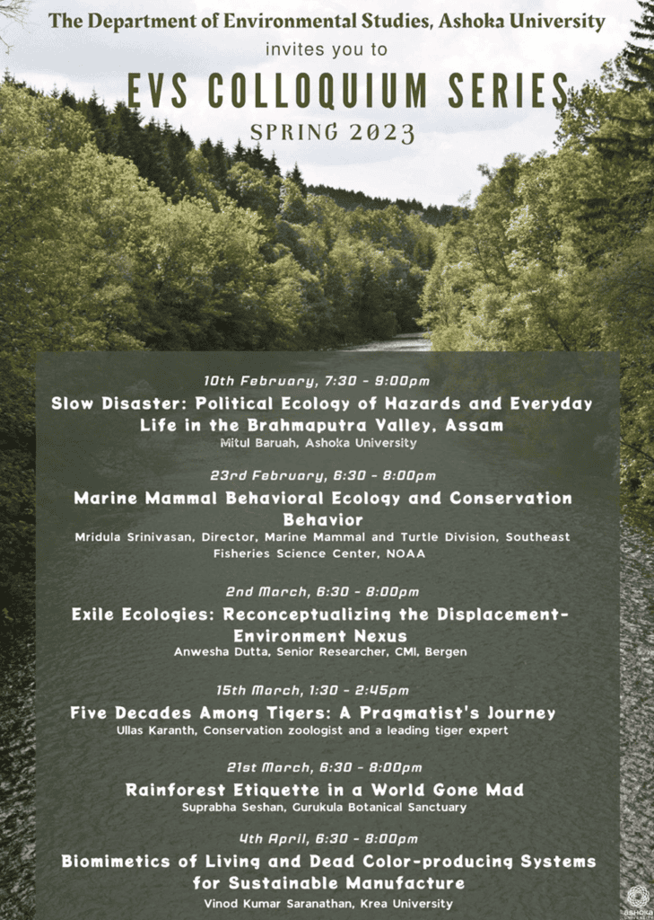 EVS Colloquium Series Spring 2023 schedule with topics, speakers, dates, and times over a forest backdrop.