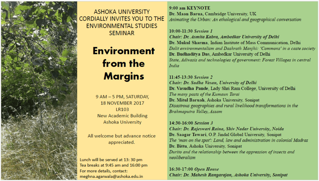 Ashoka University seminar invitation, "Environment from the Margins," schedule, venue, and speaker details.