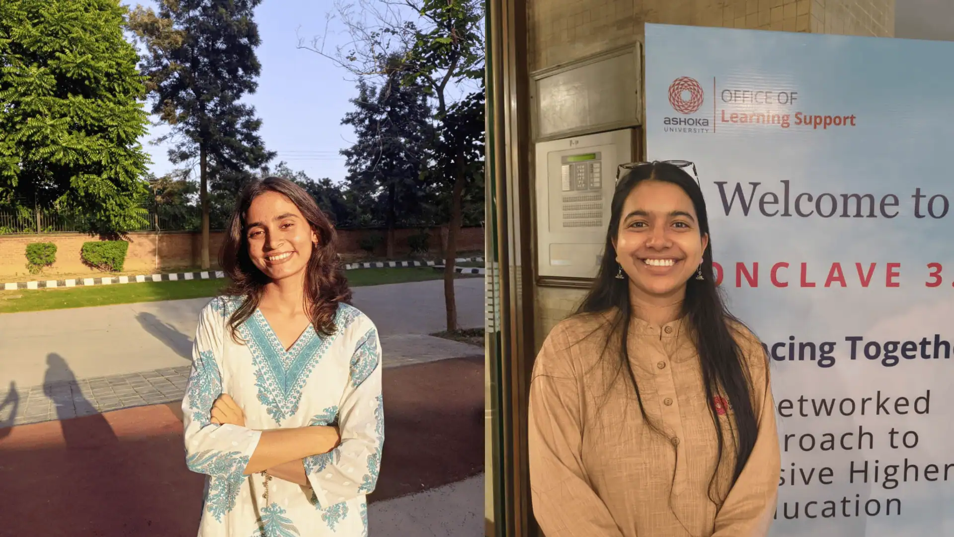 Two women smiling, one outdoors near trees, the other indoors by a sign for Ashoka University.