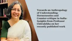 Smiling woman in a white and green saree, text about her work on hermeneutics and counter-critique.