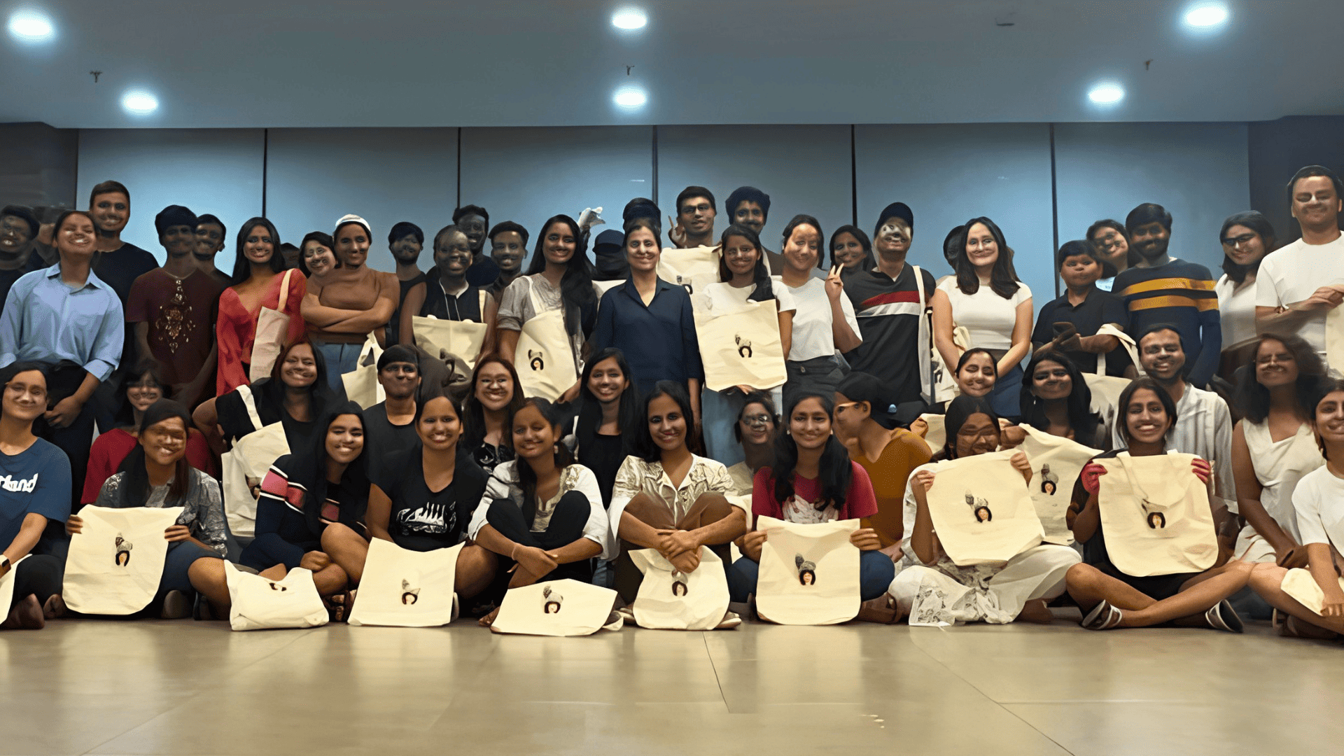 A group of people smiling, holding tote bags, seated and standing in a well-lit indoor space.