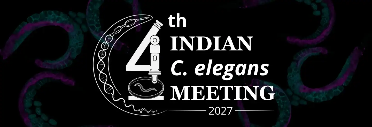 4th Indian C. elegans Meeting 2027 logo with a microscope, DNA helix, and stylized worms in the background.