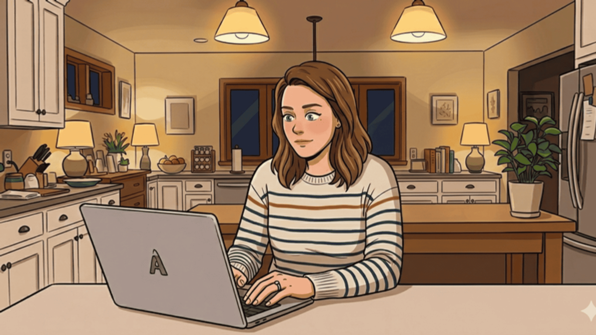 Woman in a striped sweater typing on a laptop in a cozy, well-lit kitchen with warm decor.