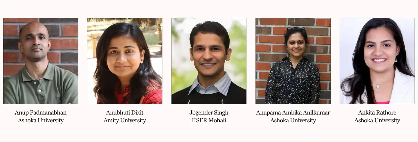 Five individuals with their names and university affiliations displayed below their portraits.