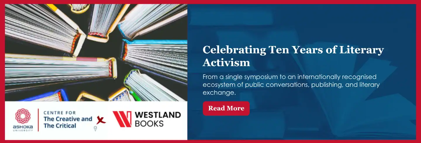 Open books arranged in a circular pattern, text celebrating ten years of literary activism, logos.