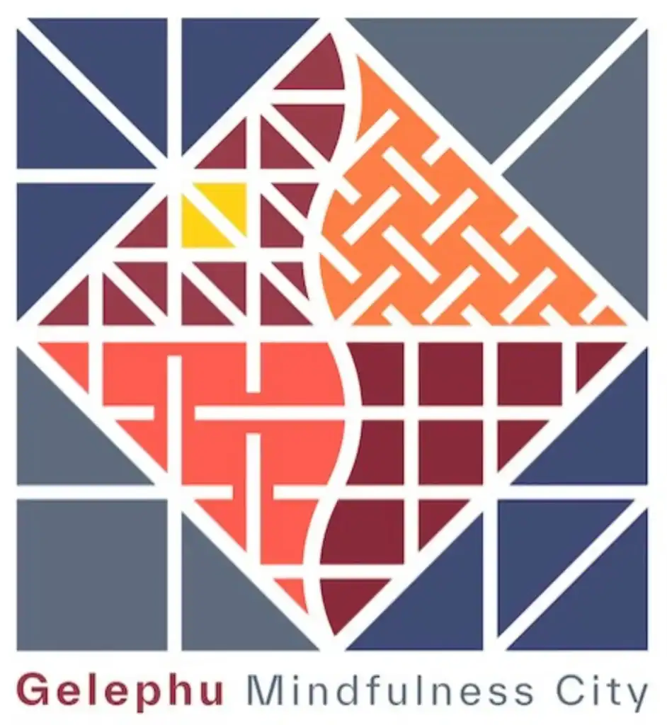 Geometric pattern with red, orange, yellow, and blue shapes. Text reads "Gelephu Mindfulness City".