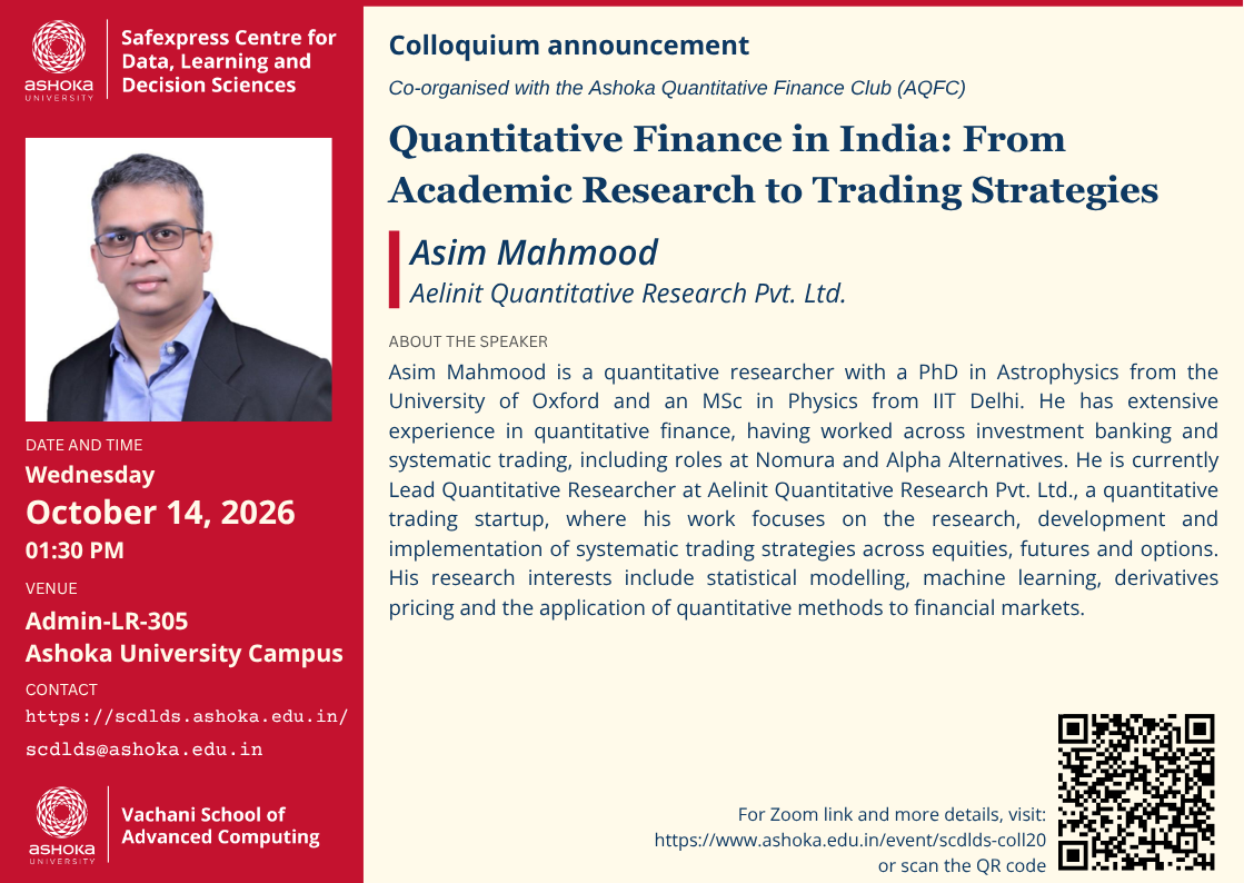 Colloquium poster: Quantitative Finance in India – Asim Mahmood, Oct 14 2026